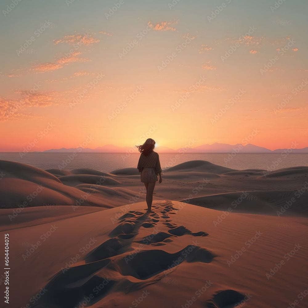 AI gnerativa woman walking on a desert dune in solitude