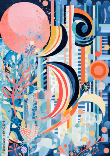 Abstract happy birthday card with swirls and flowers on the front, in the style of geometric shapes, distorted forms, minimalist strokes, multi-layered collage-like. Generative Ai Illustration.