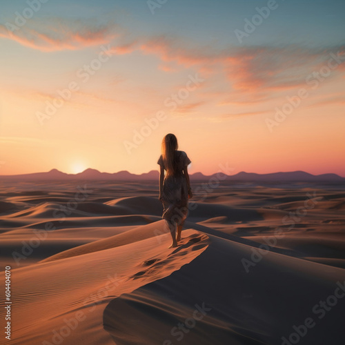 woman walking on desert dune towards the beach AI generativa