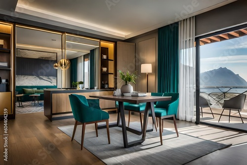 A luxurious hotel suite with panoramic views of the city skyline at night