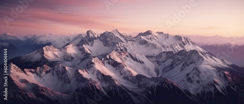 Aerial View from Airplane of Snow Covered Mountain Landscape in Winter. Colorful Pink Sky Art Render. Generative Ai. © Kowit