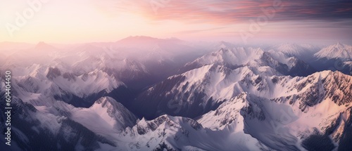 Aerial View from Airplane of Snow Covered Mountain Landscape in Winter. Colorful Pink Sky Art Render. Generative Ai.