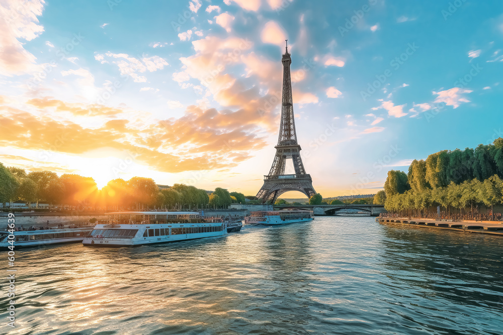 Fototapeta premium The Eiffel tower and river seine, paris, france with a golden glow of sun, in the style of poster, Romantic Landscapes