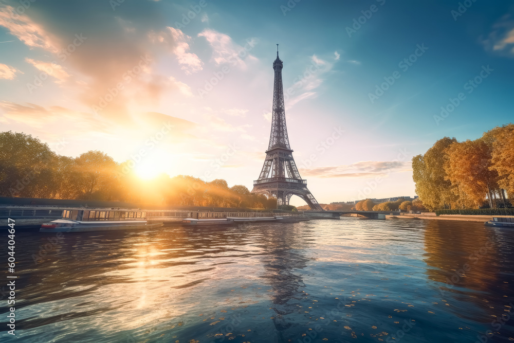 Fototapeta premium The Eiffel tower and river seine, paris, france with a golden glow of sun, in the style of poster, Romantic Landscapes