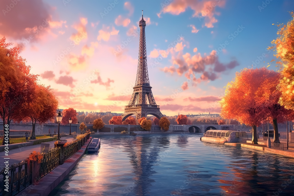 The Eiffel tower and river seine, paris, france with a golden glow of sun, in the style of poster, Romantic Landscapes

 - obrazy, fototapety, plakaty 