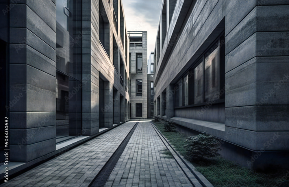 a street or path walking into a row of large buildings a street or path walking into a row of large buildings