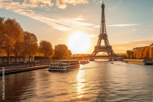 The Eiffel tower and river seine, paris, france with a golden glow of sun, in the style of poster, Romantic Landscapes