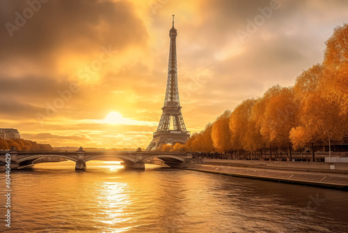The Eiffel tower and river seine, paris, france with a golden glow of sun, in the style of poster, Romantic Landscapes