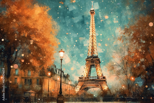 The Eiffel tower and river seine  paris  france with a golden glow of sun  in the style of poster  Romantic Landscapes  