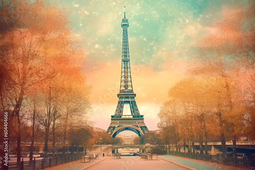 The Eiffel tower and river seine, paris, france with a golden glow of sun, in the style of poster, Romantic Landscapes   © Saulo Collado