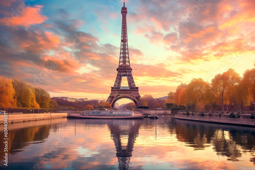 The Eiffel tower and river seine  paris  france with a golden glow of sun  in the style of poster  Romantic Landscapes  