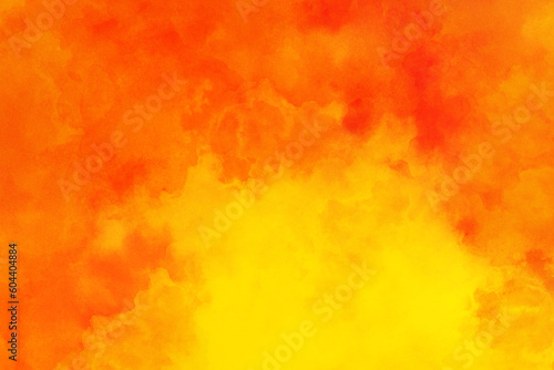 Hot fiery orange red and yellow background design, bright colorful smoke or clouds, fire or flames border illustration, painted watercolor background