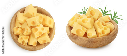 cubes of cheese in wooden bowl isolated on white background. Top view. Flat lay