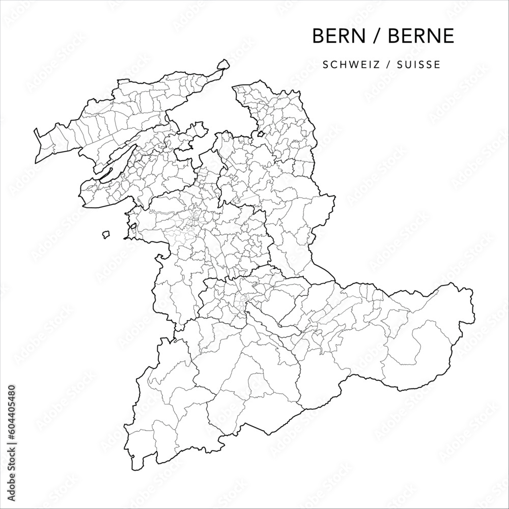 Vector Map of the Canton of Bern/Berne with borders of the Administrative Regions, Districts, Municipalities (Gemeinde/Communes) and City Quarters of Berne, Köniz, and Thun as of 2023 - Switzerland