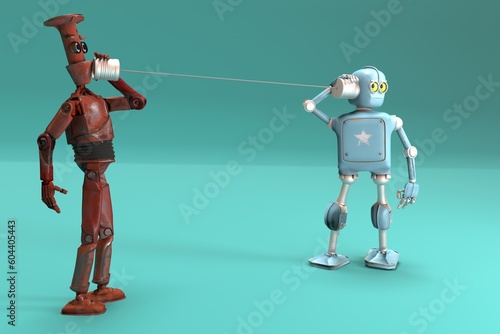 Retro two robots talking on tin can phones. 3d render
