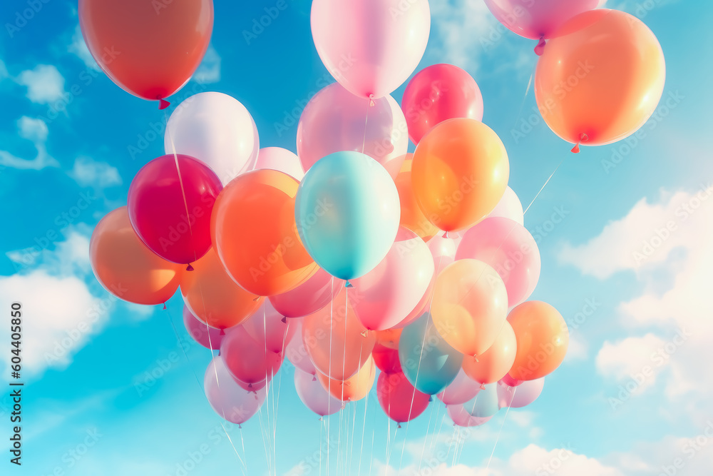 many colorful balloons hanging over a cloudy sky, pastel colors. Generative Ai Illustration. many colorful balloons hanging over a cloudy sky, pastel colors. Generative Ai Illustration.