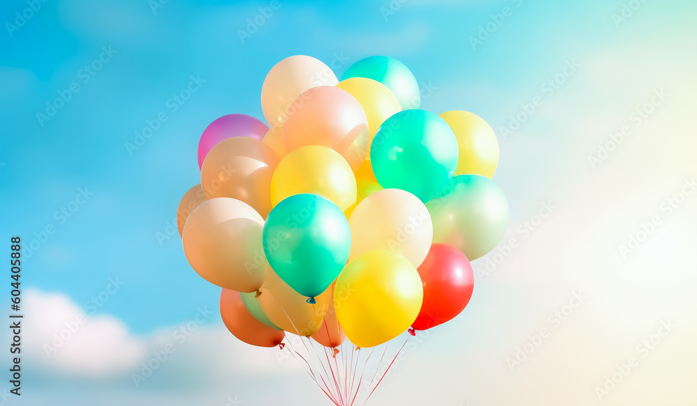 Fototapeta premium many colorful balloons hanging over a cloudy sky, pastel colors. Generative Ai Illustration.