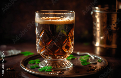 a glass of coffee sitting in front of a cup with coffee shamrocks on it