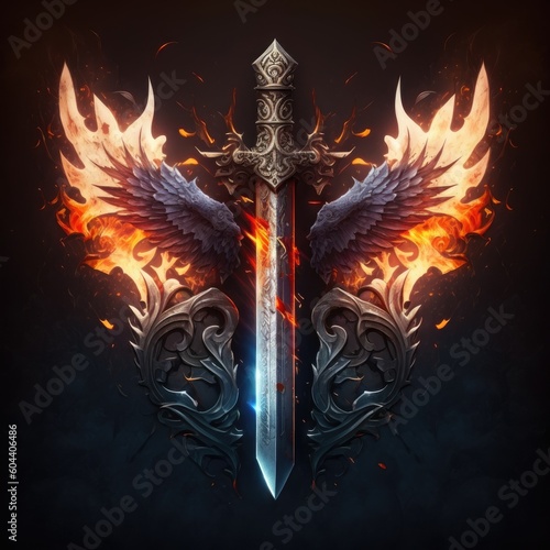 flaming demonic sword, demons and angels, fantasy ai