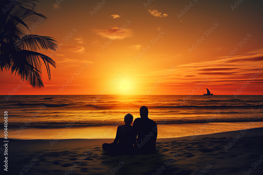 Romantic Girl And Boy Sunset On Beach Background. Generative Ai