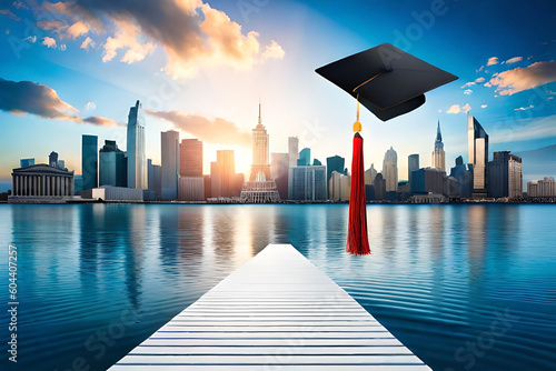 Graduation cap thrown into the blue sky. Graduation from an educational institution, school, university, college, tradition