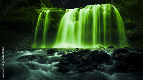 A waterfall glowing in neon green