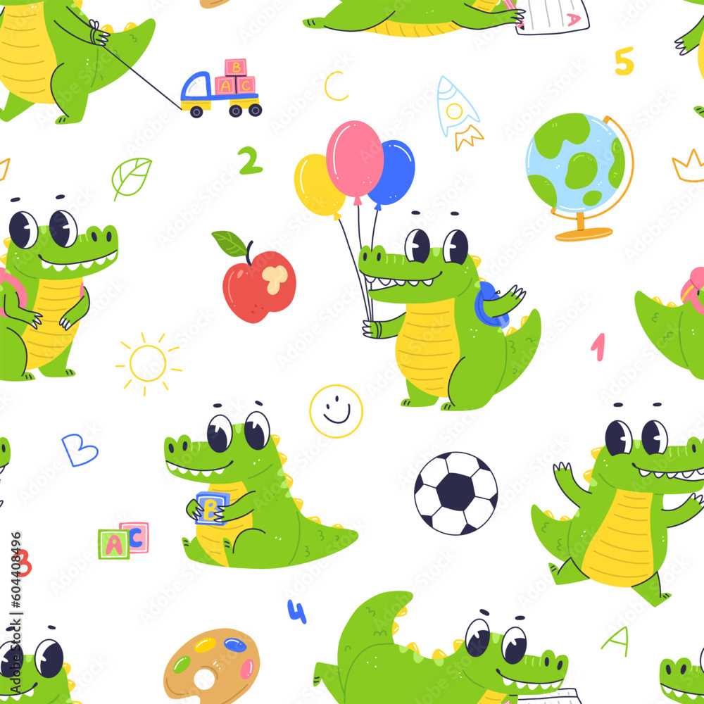 Obraz premium School seamless pattern with school objects and cute crocodile character. Vector elementary school illustration background.