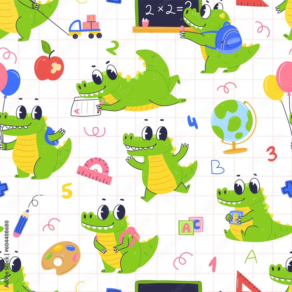 Obraz premium A seamless school pattern with school supplies and a cute crocodile character. Vector elementary school illustration background.