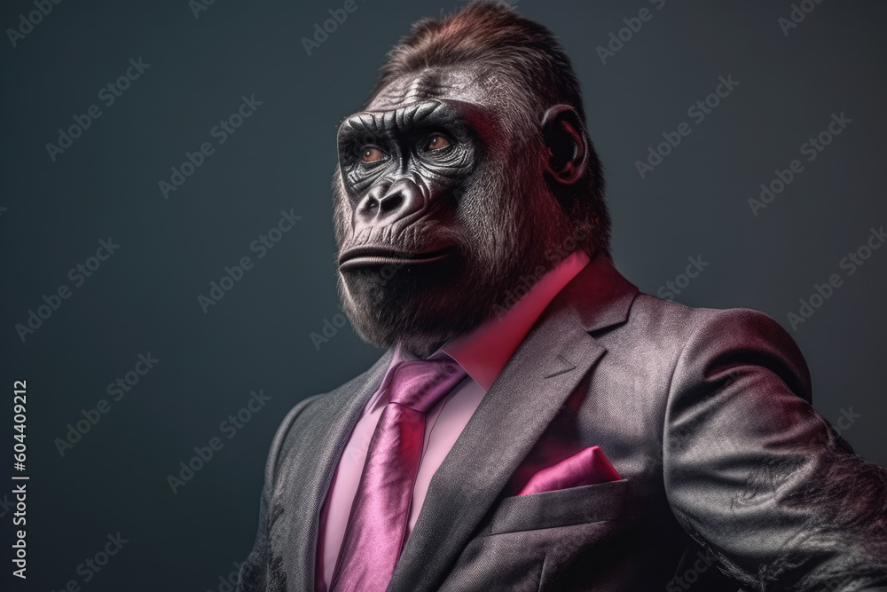 In a unique and intriguing concept, a gorilla is depicted wearing a stylish suit, merging the worlds of nature and business. The gorilla, known for its strength and power. Generative Ai, Ai.