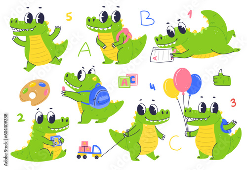 Set of cartoon character crocodile schoolboy. Crocodile baby goes to kindergarten.