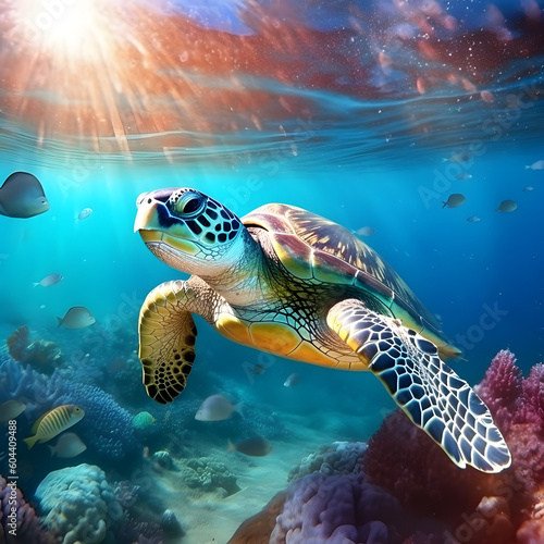 Sea turtle or marine turtle swimming in ocean. AI generated © ZayNyi