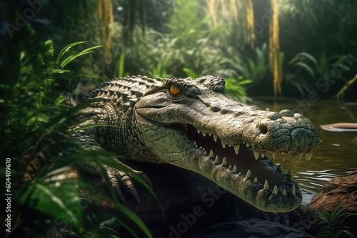 A magnificent crocodile in its natural habitat, displaying the awe-inspiring beauty of wildlife and the delicate balance of the wetland ecosystem. Generative Ai, Ai. © Sebastian