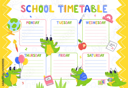 The design of the children's school schedule template. Ready-made class schedule design with a cartoon character crocodile.