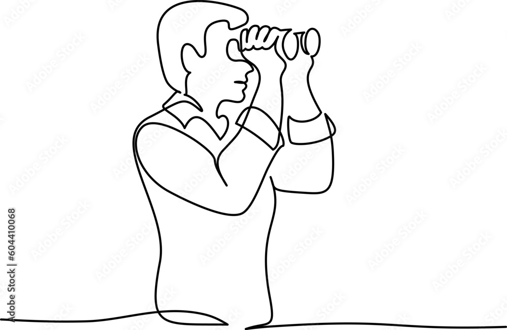 Man looking into distance with binoculars. Continuous one line drawing