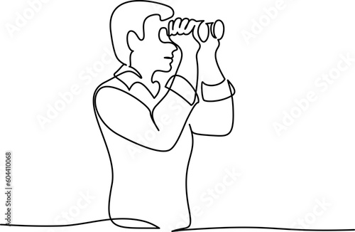 Man looking into distance with binoculars. Continuous one line drawing