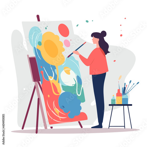 Artist painting.Women with brushes and paints near canvas. Art and creativity.Drawing artwork, artist indoor with easel. Cartoon flat illustration.generative AI.