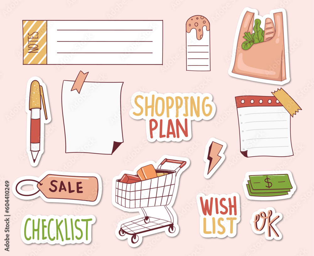 Colorful Hand drawn shopping stickers collection