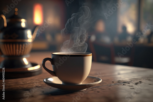 A cup of hot coffee with steam on a table in a cafe. AI generative.