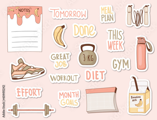 Colorful hand drawn diet stickers collection