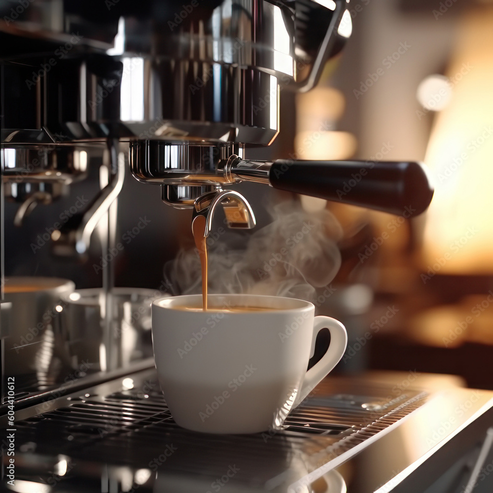 Closeup of espresso pouring into a cup from a coffee machine. AI generative. Closeup of espresso pouring into a cup from a coffee machine. AI generative.