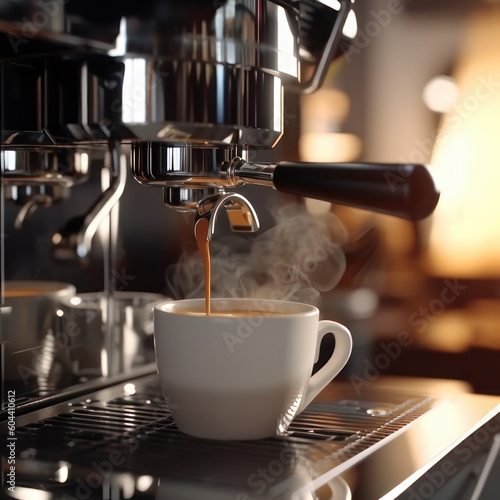 Closeup of espresso pouring into a cup from a coffee machine. AI generative.