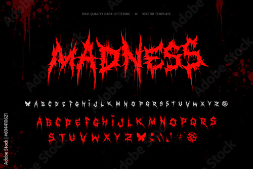 Madness - Dark Lettering tattoo vector type font in bloody style. Grunge type font with Gothic Punk Rock elements. Scary tattoo font concept. Horror style lettering for y2k print design