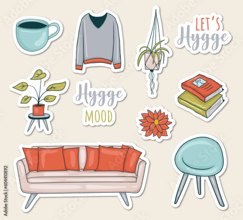 Colorful Hand drawn hygge stickers collection