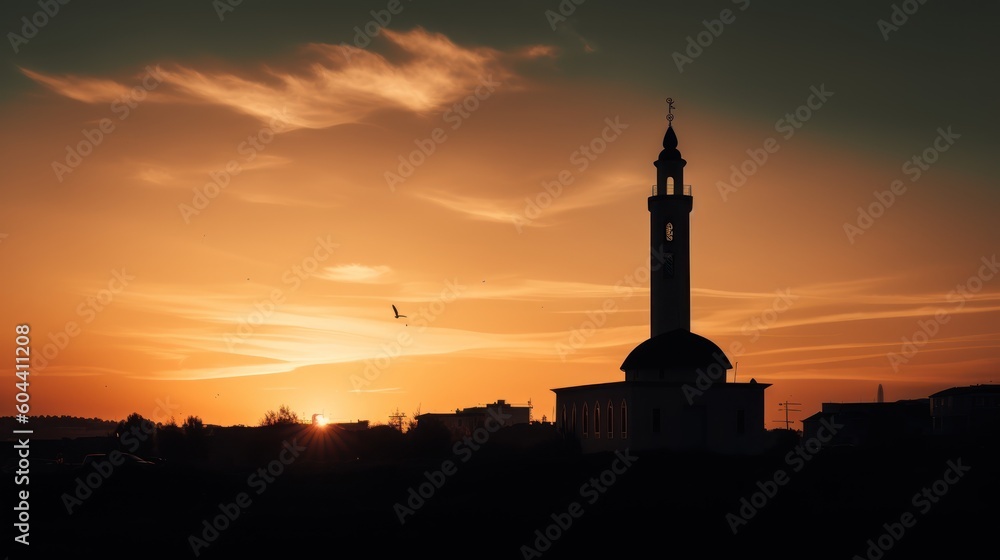sunset over the city with a mosque