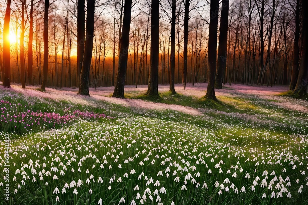 Fototapeta premium Flowering forest on sunset sunrise with soft focus, spring floral botanic nature background wallpaper. Wild forest flowers snowdrops