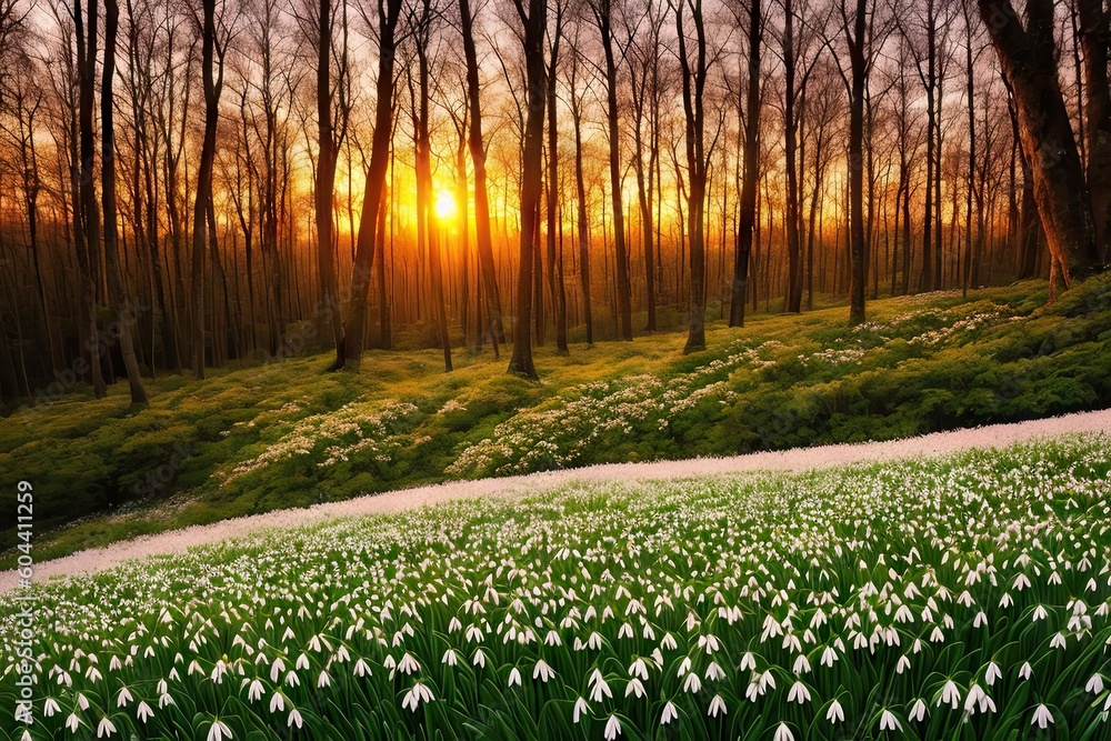 Fototapeta premium Flowering forest on sunset sunrise with soft focus, spring floral botanic nature background wallpaper. Wild forest flowers snowdrops