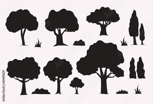 set of different tree silhouette