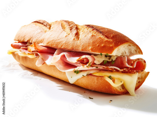 Baguette baked with cheese and Parma ham isolated on a white background