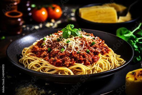Delicious spaghetti Bolognese, an Italian specialty served on a plate. Created with generative AI technology