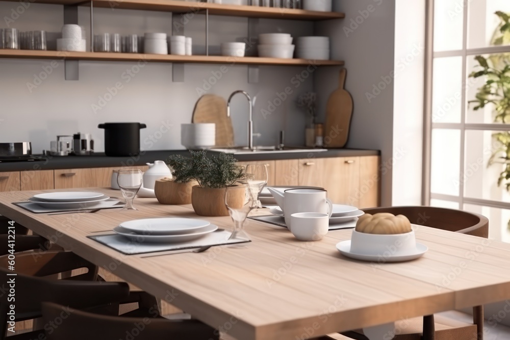 Photo realistic table setting set on the dining room Photo realistic table setting set on the dining room